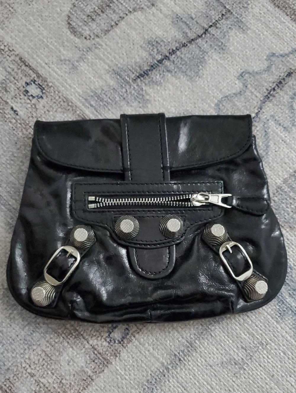 Balenciaga Shiny Black Leather and Silver Pouch Flap Clutch Bag With Mirror